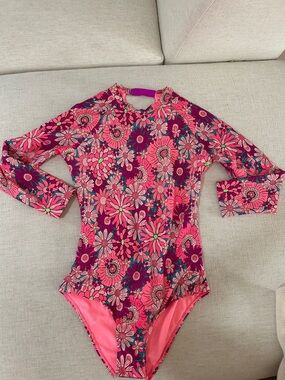 BEACH LINGO Girls' Long Sleeve Rash One Piece Swimsuit Pinks/Purple Size 14 NWOT
